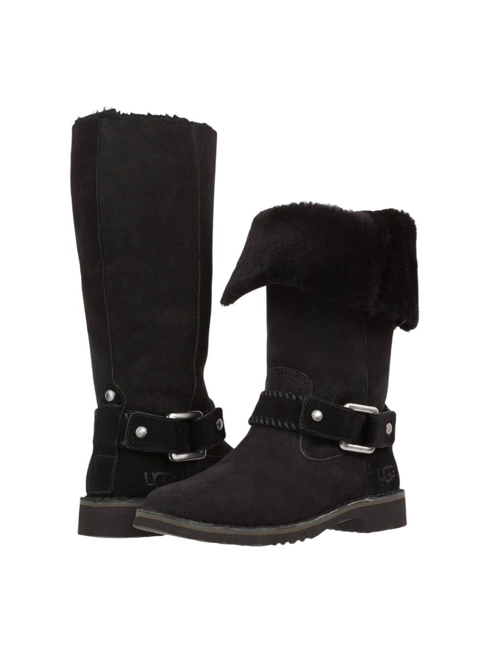 UGG Braiden Black Suede Boots Buckle Detail Fur Lined